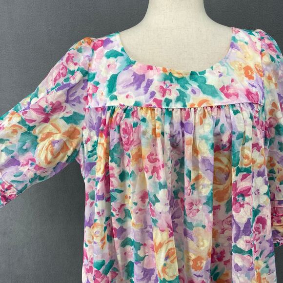 Vtg 80s 90s Two Potato Granny Pastel Floral Midi Tiered Muumuu Dress M Sheer - Picture 7 of 16